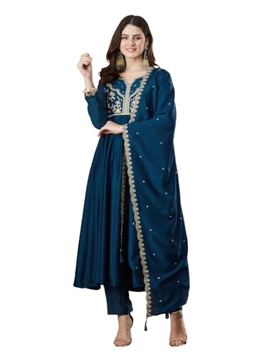 Image of MOKOSH Women's Silk Anarkali Kurta Pant with Dupatta | Anarkali Kurta Set | Embroidered | Ethnic Wear | Notch Neck Full Sleeve