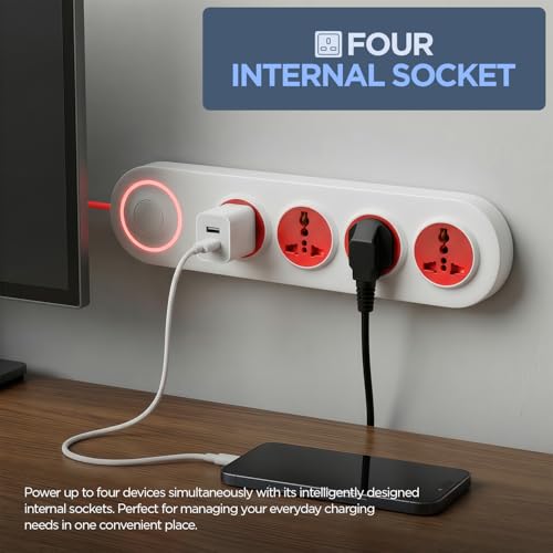 Image of UNIGEN 4 Socket Extension Board 10 Amp with 2 Yard Heavy Duty Copper Extension Cord - 4 International Sockets, Master Switch, LED Indicator with Safety Shutter