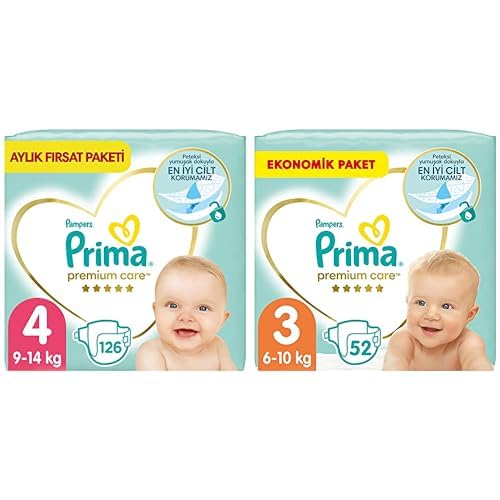 Prima Bebek Bezi Premium Care 4 Beden 126 Adet Maxi Aylık Fırsat Paketi & Prima Bebek Bezi Premium Care 3 Beden 52 Adet Midi Jumbo Paket