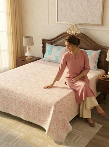 Image of Mafatlal 144 TC Sanskriti Cotton King Bedsheet | 90 x 108 Inches | Traditional Design | Smooth, Long-Lasting & Soft | 2 Pillow Covers | Gossamer Pink