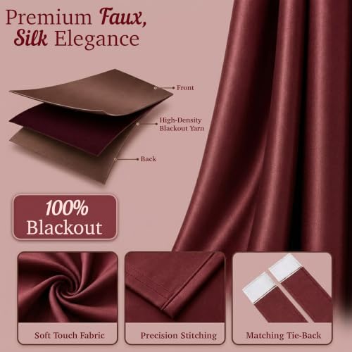 Image of 100% Blackout Window Curtains, 5 Feet, Solid Design, Faux Silk, Thermal Insulated, Noise Reducing Eyelet Door Curtain with Tie Back for Living Room & Bedroom, 115x150cm, Pack of 2 - Maroon