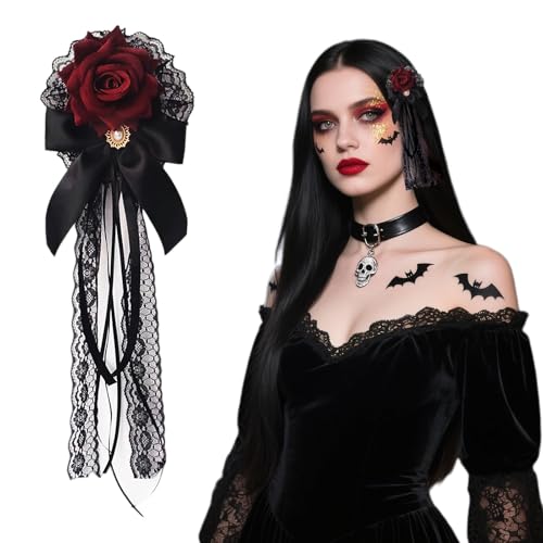 Lolita Red Rose Bow Lace Hair Clip, Gothic Pearl Pendant Black Headband & Brooch, Flower Hair Comb cosplay for Women for Bride Wedding Birthday Halloween Masquerade Cosplay Party