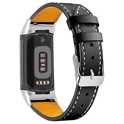 Gimuk Compatible with Fitbit Charge 5 Strap for Women Men, Genuine Leather Adjustable Sports Strap Replacement Wristband for Charge 5 Tracker Small Large (Black) Cover