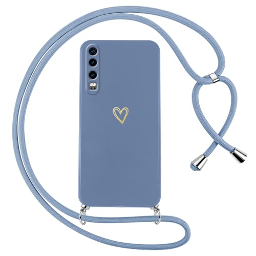 Oelrstfe Cover per Huawei P30 con Cordino,Custodia Silicone Morbido Sottile con Motivo Cuore e Collana Laccio Tracolla,Antiurto Antigraffio Corda Collo Regolabile Protettiva Case,Blu