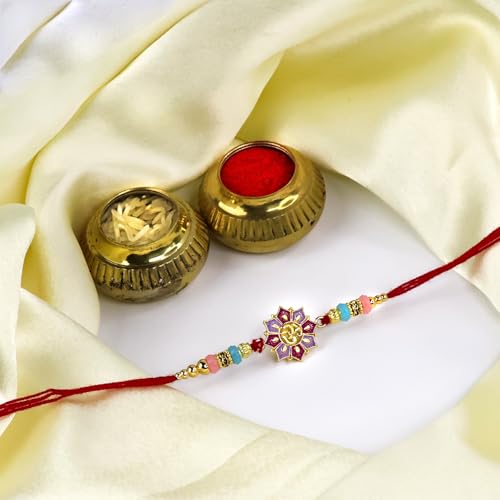 Image of Oblivion Shiva Design Rakhi Set of 2 for Brother in Purple Floral Finish with Silver Colour Coin, Pooja Coin, Tilak Set and Greeting Card for Raksha Bandhan