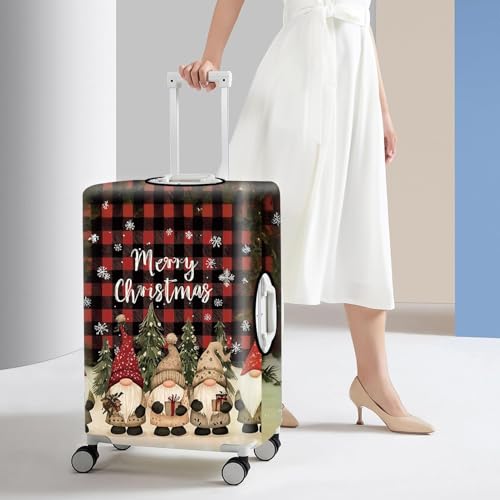 Image of Christmas Luggage Cover - Festive Gnome Suitcase Protector with Red Plaid & Snowflake Design - Stretch Travel Cover for 20-22 Inch Luggage,S