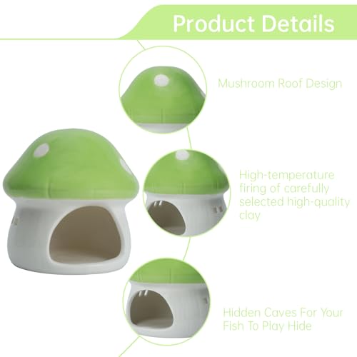 Image of Ceramic Mushroom House Betta Fish Tank Decor - Cute Aquarium Cave Hideout for Shrimp & Small Fish, Non-Toxic Safe Ornament for 5-20 Gallon Tanks (Green)
