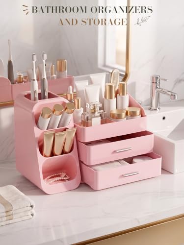 Pink Makeup Organizer with Drawer for Bathroom Countertop Dresser Desk use - image 5