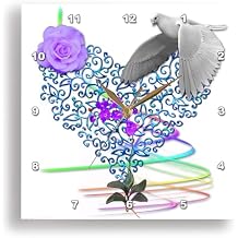 3dRose Wall Clock Silent - 13 inch - Lacy Heart, Purple Rose and White Dove Original Art - Floral
