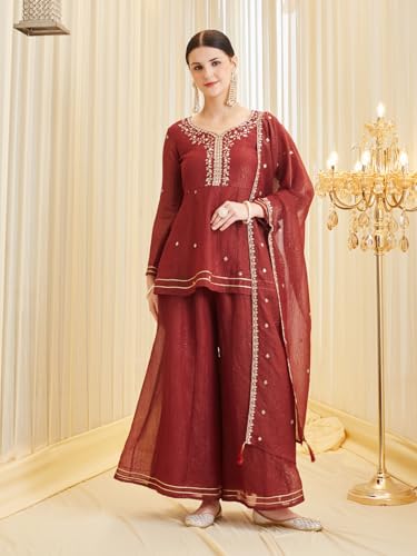 Image of MOKOSH Women's Silk Embroidery Peplum Kurta Sharara with Dupatta | Anarkali Kurta Set | Sweetheart Neck Full Sleeve Ethnic Suit | 3 Piece Outfit | Indian Kurta Outfit With Sharara