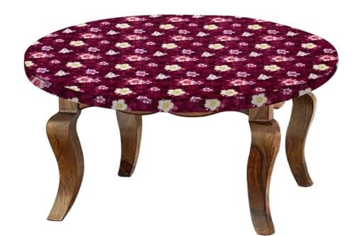 Image of The Furnishing Tree Round Elastic Fitted Center Tpoy Table Cover WxL 28x28 Inches Floral Pattern Red