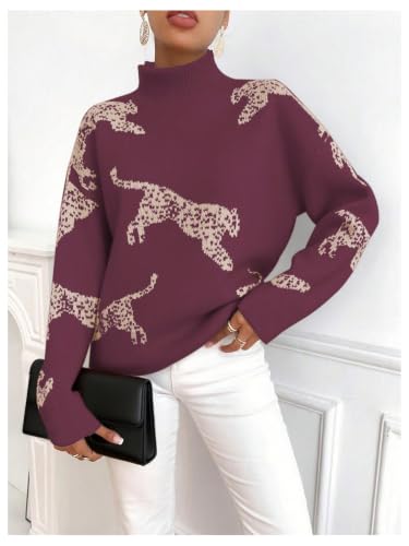 Image of WDIRARA Women's Leopard Tiger Print Sweater High Neck Long Sleeve Fuzzy Knitted Pullover Top