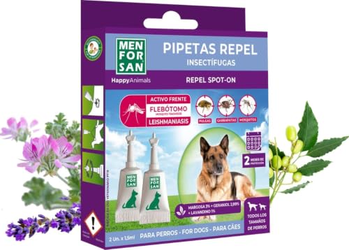 MENFORSAN Pipetas Anti-Insectos para Perros con Margosa, Geraniol y Lavandino, contra Pulgas, Garrapatas y Mosquitos (incluido Flebótomo), Estuche con 2 unidades, 1,5 ml