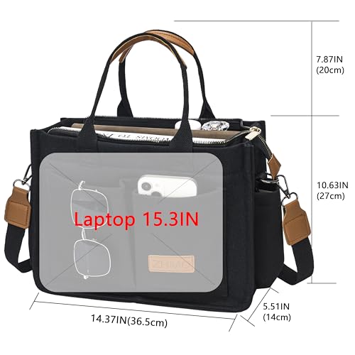 Zhmo Large Top Handles Canvas Tote Bag For Women With Zipper Pockets,Black Laptop Crossbody Purses Everyday Satchel Shoulder Hobo Work Bag Handbags For Gift Teacher Beach Travel Gym Book Weekend Nurse thumb #5