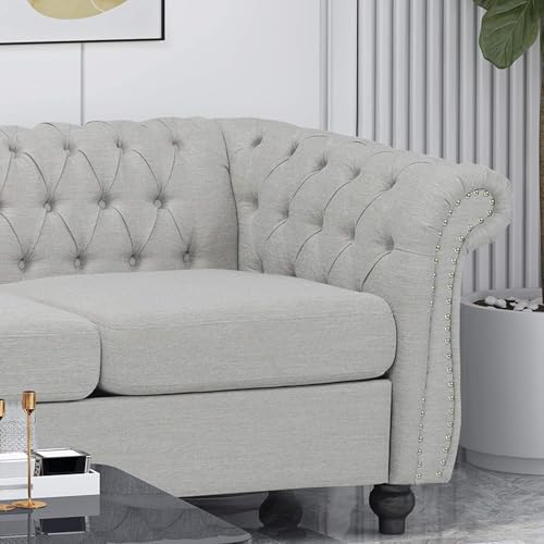 Image of Modern and Stylish 3 Seater Chesterfield Luxury Sofa with Valvet and Fabric Comfortable Sofa for Living Room, Dining Room, Hallway, and Office-(GREYY).