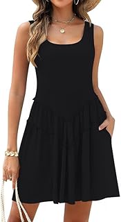 Satohom Summer Dress Women's Sleeveless Casual Knee-Length Dresses Plain Loose Boho Blouse Dress Beach Dress Casual Scoop Neck Elegant Midi Dress A-line Dresses with Pocket Wrap Dress S-XL