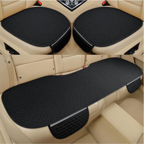 Image of 3 Pcs Silicone Car Seat Covers Summer Breathable Front Seat Cushion Mat Flax Car Seat Cover with Storage Pouch, Long Rear Seat Cover, Anti-Slip Seat Protector, Black
