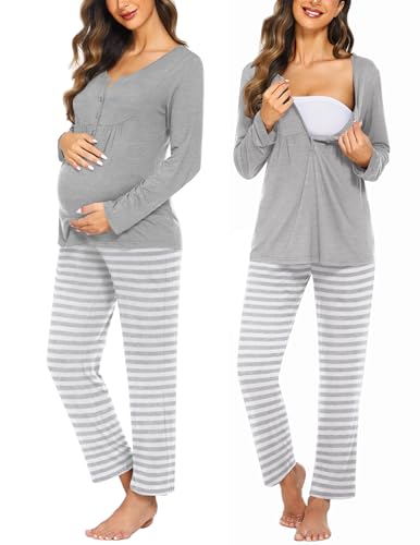Image of Ekouaer Maternity Nursing Pajama Sets Labor Delivery Pjs Long Sleeve Breastfeeding Pajamas Pregnancy Sleepwear Set