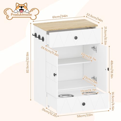 Haustier-Futterschrank mit Lagerschrank, Futterschrank Hund mit 2 Edelstahlnäpfen & 3 Haken, Hundefutterstation mit Schubladen & Verstellbarer Ablage, Hundebar für Hunde, 61x35,5x82,5cm (Weiß)