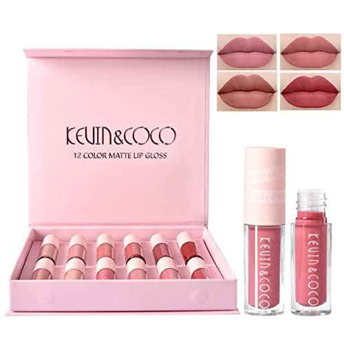 12PCS Pink Gift Box Matte Liquid Lipsticks,Sweety All Day Long Lasting Waterpoof Kiss-proof Nude Velvet Lip Gloss set for Girl Women