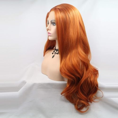 xiweiya Ginger Lace Front Wig Long Curly Wavy13x4 Lace Synthetic Ginger Red Lace Front Wig Natural Red Orange Hair Glueless Wig Heat Resistant Fiber Half Hand Tied 24Inch for Women, Drag queen Wear