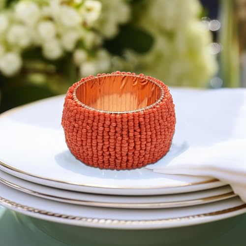 Image of COTTON CRAFT Glitz Beaded Napkin Rings - Set of 12 - Handmade Coral Napkin Ring Holders for Dining Table Decor - Elegant Beaded Napkin Rings for Weddings, Parties, Brunch, Summer Table Settings