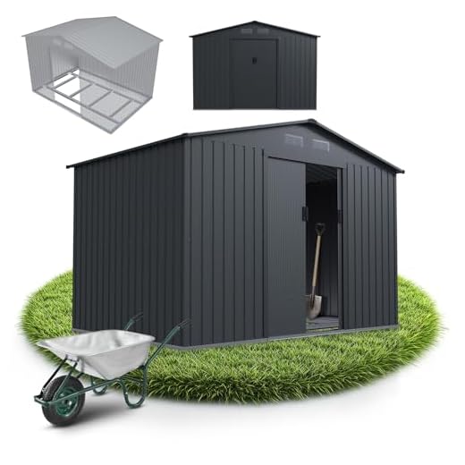 Juskys casetta in metallo XL – grigio scuro, resistente alle intemperie con telaio di fondazione, porta scorrevole & chiudibile – per giardino & ripostiglio