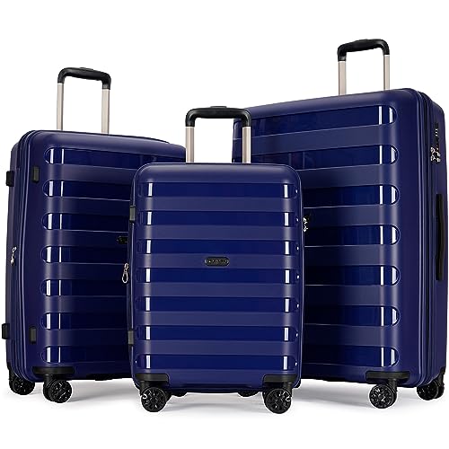 PP material 3-piece expandable luggage sets with Spinner Wheels， Suitcase with TSA Lock，Large Luggage for Family Travel carry on 20/24/28，Blue color