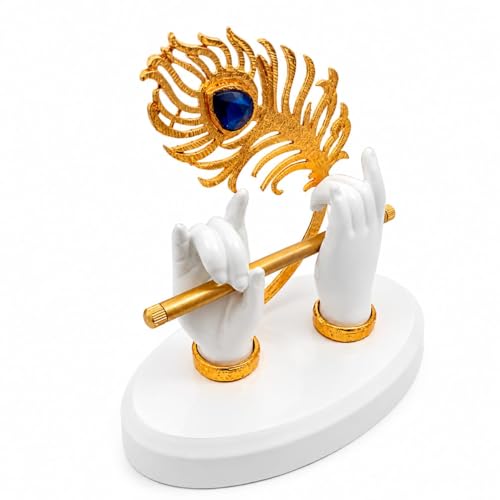 Image of Luxury Krishna Flute Hand Showpiece for Home Decor | Golden Peacock Feather with Blue Crystal Stone | Decorative Tabletop Statue for Living Room, Office & Gift