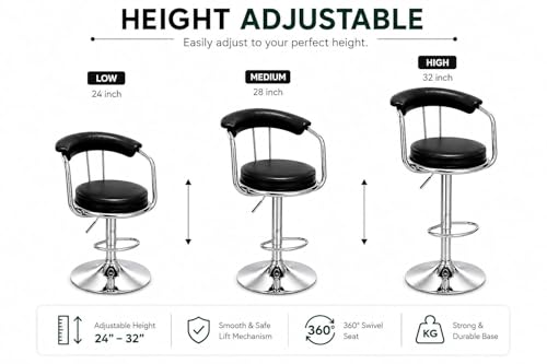 Image of Kemon Modern Adjustable Swivel Bar Stool Chair with Backrest, PU Leather Hydraulic Counter Stool with Footrest for Kitchen Island, Cafe & Home Bar (1, Black, Round Barrel Stool)