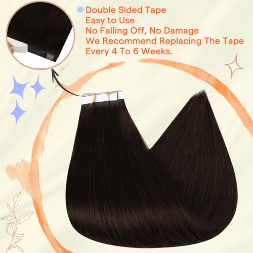 Image of Full Shine Tape in Weft Hair Extensions Human Hair, Darkest Brown 16 Inch