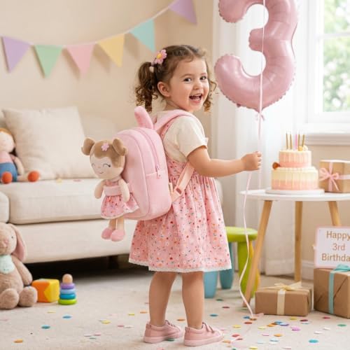 Image of Gloveleya Kids Backpacks Girls Backpack Plush Bags Diaper Bag Backpack with Floral Doll Pink