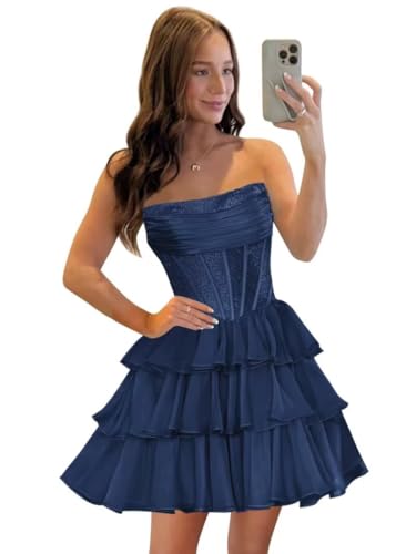 Sparkly Homecoming Dresses 2025 Short Corset Prom Dress for Teens Strapless Tiered Chiffon Cocktail Party Gown
