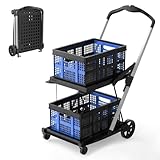 Collapsible Shopping Cart with Wheels,2 Tier Multi Use Foldable Shopping Cart with 2 Storage Crates,Folding Shopping Trolley Utility Cart for Office,Groceries, Warehouse,Supermarket,Picnic (Blue)