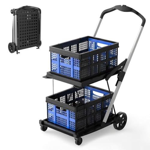 Collapsible Shopping Cart with Wheels,2 Tier Multi Use Foldable Shopping