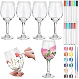 Pickmesh 4 Set Paint Your Own Glasses Kit for Adults 15 oz Wine Glass 12 Pcs DIY Markers 12 Colors Acrylic Paint with Brushes to Design Your Own Wine Glasses Gifts(High Feet)