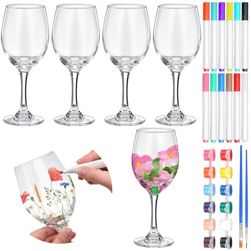 Pickmesh 4 Sets Crafts Gift Paint Your Own Wine Glass 15 oz Painting 12 Pcs DIY Markers 12 Colors Acrylic Paint with Brushes to Design Your Own Personalized Craft(High Feet)