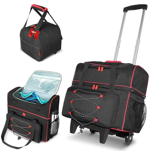 LIWSHWZ Double Roller 2 Bowling Ball Bowling Bag with Wheels,2 Ball Roller Bag Plus Single Ball Tote with Independent Shoe Compartment Made of PVC(Up To US Men Size 16) and Accessory Pocket