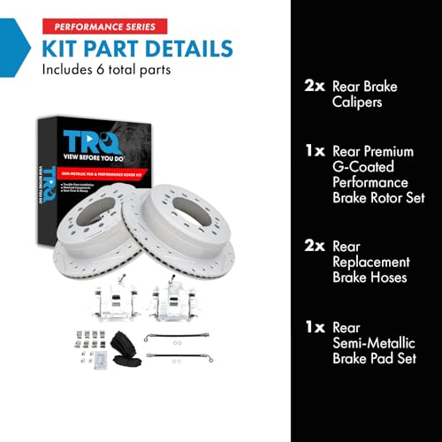 Image of TRQ Performance Rear Brake Pad and Rotor Set Semi Metallic Drilled Slotted Coated Rotors Calipers Compatible with 2010-2014 Toyota FJ Cruiser