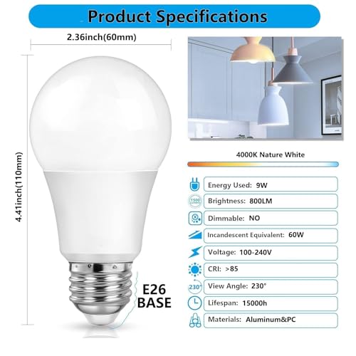 Rmmoimm A19 LED Light Bulbs 9W, 60 Watt Equivalent, E26 Standard Base, 4000K Cool White, 800 Lumens, Energy Saving, Non-Dimmable, 6 Pack - image 2