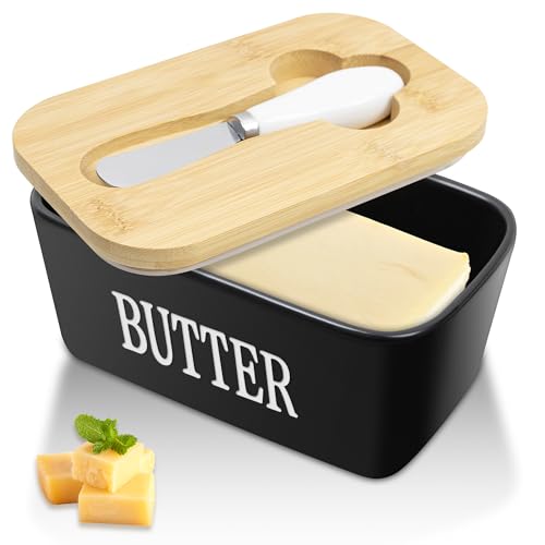 HOOMIL Ceramic Butter Dish with Lid - 650ml Large Capacity Airtight Butter Keeper Container Includes Butter Knife, Durable Stoneware Countertop Storage - Black HOOMIL Ceramic Butter Dish with Lid - 650ml Large Capacity Airtight Butter Keeper Container Includes Butter Knife, Durable Stoneware Countertop Storage - Black