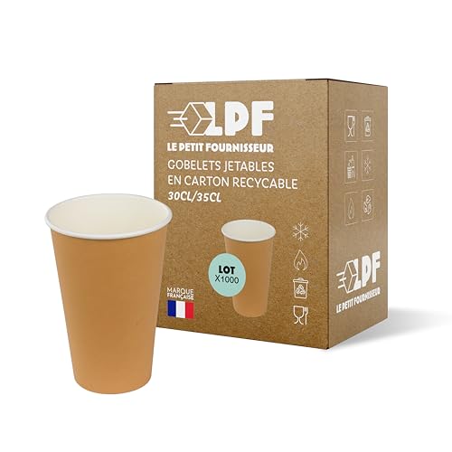 LPF LE PETIT FOURNISSEUR - Lot de 1000 Gobelets jetables en Carton Kraft 30-35cl - Recyclable - Gobelets café, thé, boissons chaudes et froides - Résistant à la chaleur - Couleur Brun