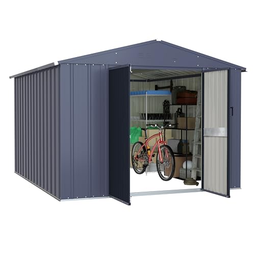 MUPATER 8 x 10 FT Outdoor Storage Shed, Galvanized Metal Garden Tool Shed, Patio Furniture Storage House with Double Slooping Roof, Lockable Door and Vents for Patio and Backyard, Grey