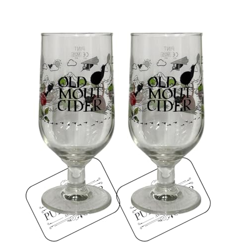 Laurie's Pub and Bar Accessories Old Mout Limited Edition Beer Pint Glasses, Glass, 568ml, Mountain Etching Design, Modern Style, Transparent Durable, with Beer Mats, Set of 2