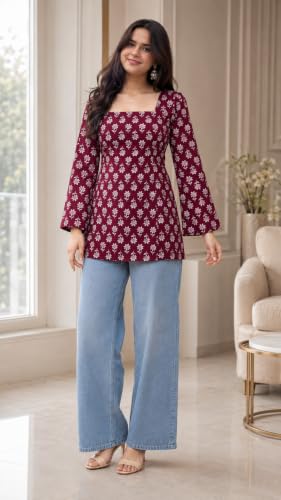 Image of Women's Floral Printed Cotton Kurti Summer Cotton Tunic Top for Girls