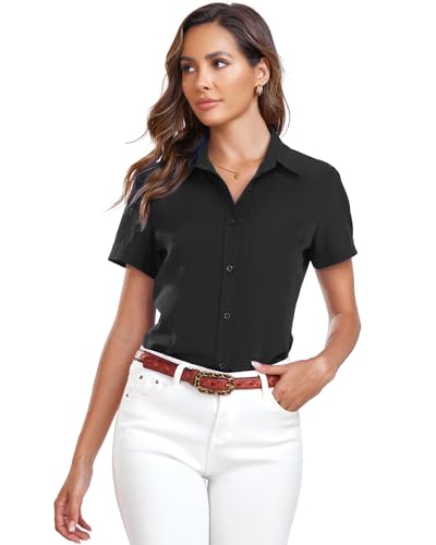 Atnlewhi Womens Button Down Shirts Short Sleeve Business Collared Work Office Formal Casual Blouse Tops Black