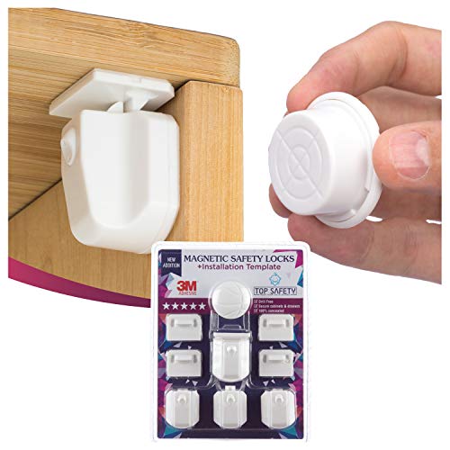 Magnetic Cabinet Locks Child Safety 4 Locks & a Key 3M Adhesive No Drill Hidden Baby Safety Locks for Baby Proofing Cabinets Childproofing Drawer Locks & Cabinets Locks for Child Proof by Top Safety
