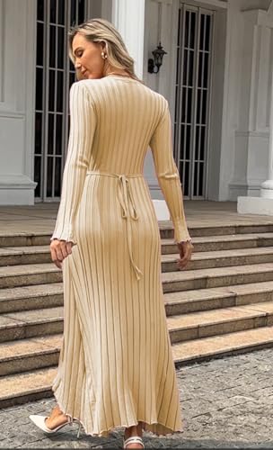Image of RanRui Womens Winter Fall Pleated Knitted Fit and Flare Long Sleeve Sweater Dress