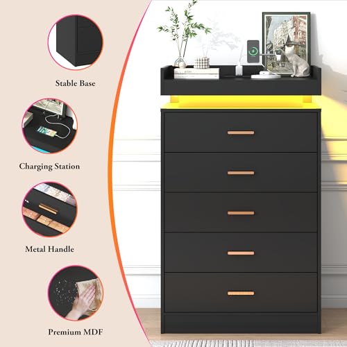 Image of jiteentarou 5 Drawer Dresser with Charging Station and LED Lights, Modern Chest of Drawers with Power Outlet, Organizer Cabinet for Bedroom, Living Room, Entryway, Black