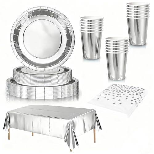 65 Pièces Party Vaisselle Kit pour 16 Invités, Vaisselles Jetables Argenté avec Assiettes Gobelets Serviettes en Papier Plastique Nappe pour Anniversaire de...